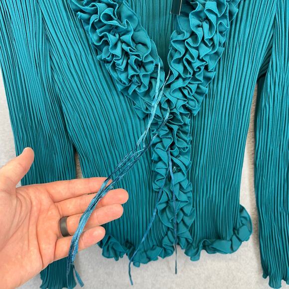 Susan Lucci Blouse Top Womens Medium Teal Green 100% Polyester Pleated Ruffled - Picture 4 of 15